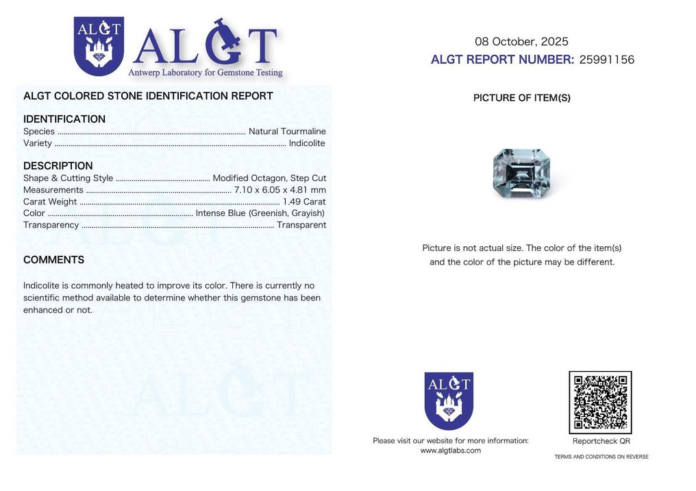 1 pcs Blå Turmalin - 1.49 ct - Antwerpen laboratorium for edelsten testing (ALGT) - Presisjonsklippet Intense Farge #2.1