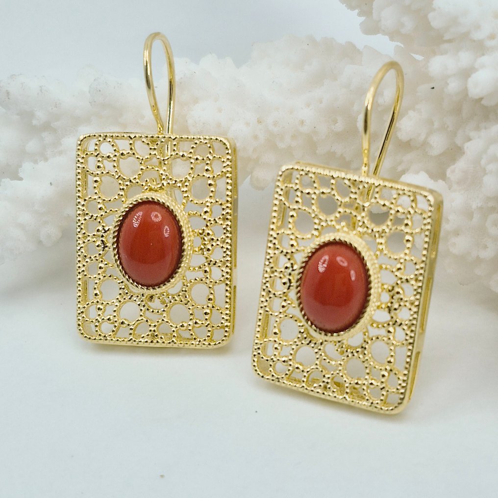 Κοράλλι αίματος - Ασημί, Gold-plated - Σκουλαρίκια - CORALLO MEDITERRANEO #1.0