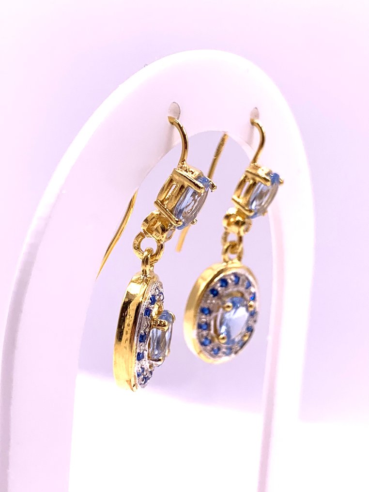 χωρίς τιμή ασφαλείας - Βραδινά σκουλαρίκια - 9 kt. Κίτρινο χρυσό, Ασημί Τοπάζιο - Ζαφείρι - Διαμάντια #1.0