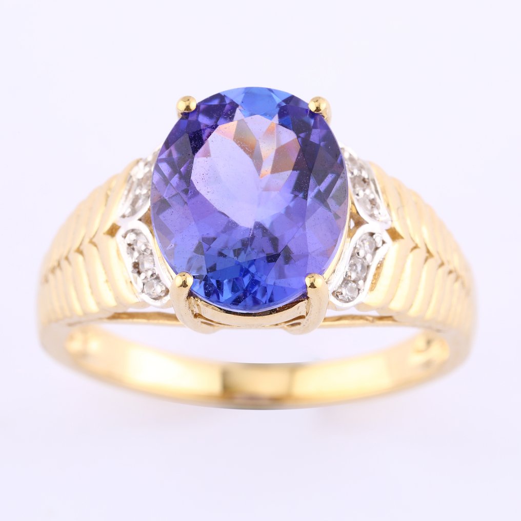 戒指 - 14 克拉 黃金 -  3.47ct. tw. 坦桑石 - 鋯石 #1.0