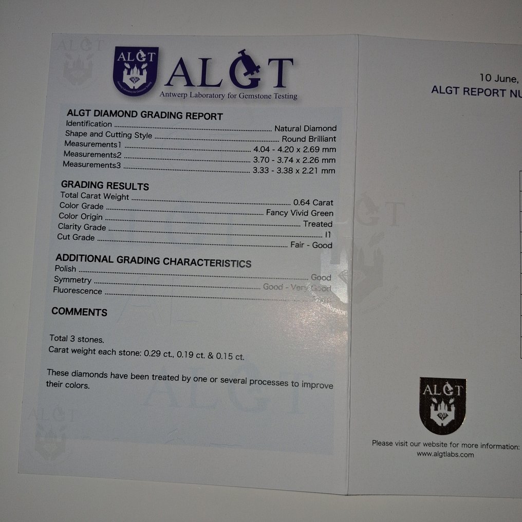 Ingen mindstepris - 3 pcs Diamant  (Farvebehandlet)  - 0.64 ct - Rund - Fancy vivid Grøn Grøn - I1 - Antwerp Laboratory for Gemstone Testing (ALGT) #3.2