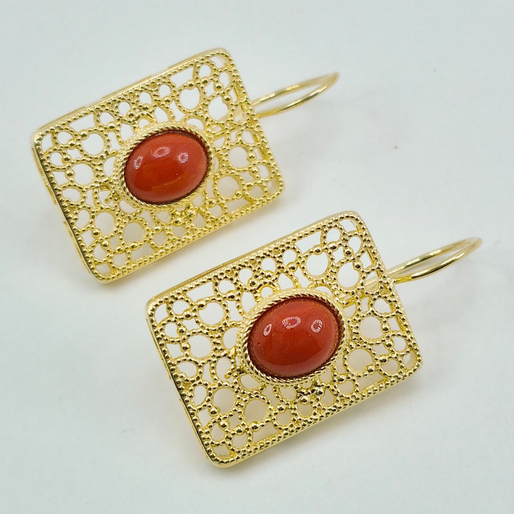 Κοράλλι αίματος - Ασημί, Gold-plated - Σκουλαρίκια - CORALLO MEDITERRANEO #3.2