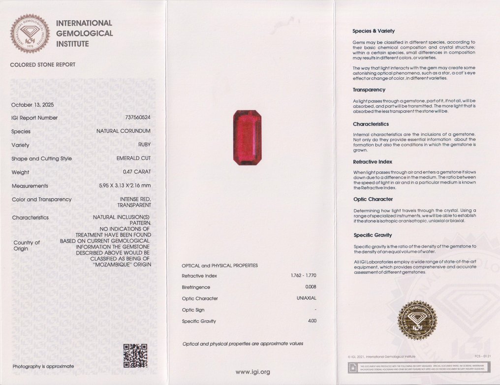 Senza prezzo di riserva - 1 pcs Rosso Rubino - 0.47 ct - International Gemological Institute (IGI) - Rubino non riscaldato e non trattato #2.1