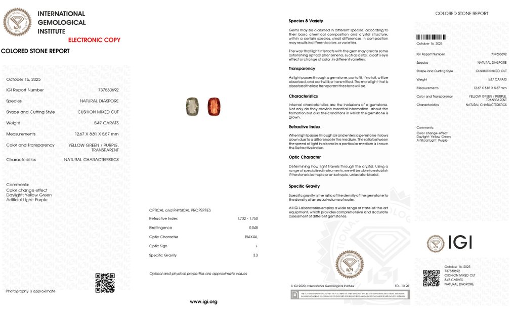 1 pcs Green, Purple, Multicolour Diaspore - 5.47 ct - International Gemological Institute (IGI) - Colour Changing Zultanite #3.2