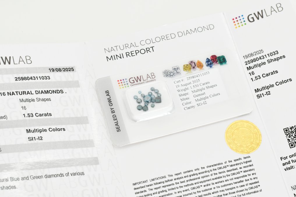 16 pcs 钻石  (经彩色处理)  - 1.53 ct 蓝色, 绿色 - I2 内含二级, SI1 微内含一级 - Gemewizard宝石实验室（GWLab） #4.3