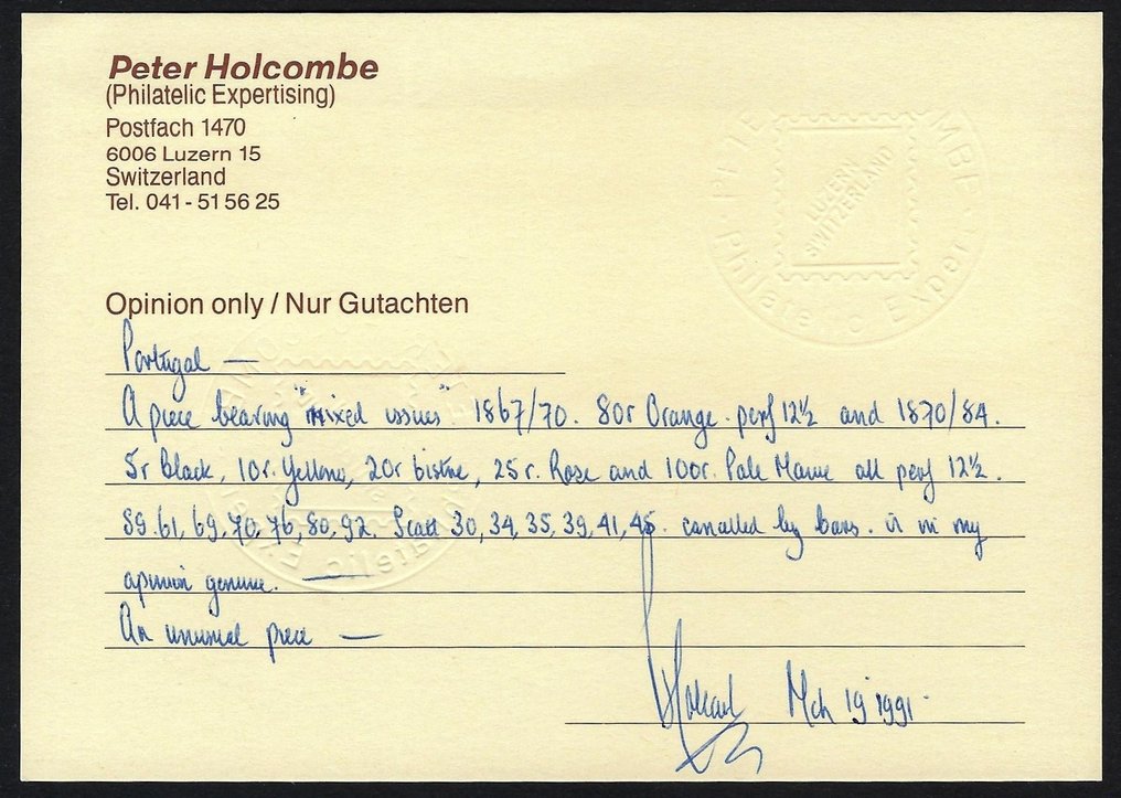 Portugália 1867/76 - D. Luis I. Fita görbült és Fita egyenes kevert frankolt - tanúsítvány Ferchenbauer - Mundifil N. 35 #2.1