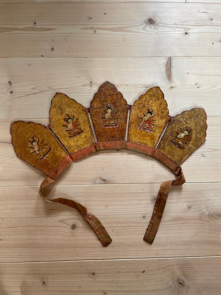 Τελετουργικό στέμμα - Gold Leather, Δέρμα, Υφάσματα - Θιβέτ - 19ος αιώνας #1.0