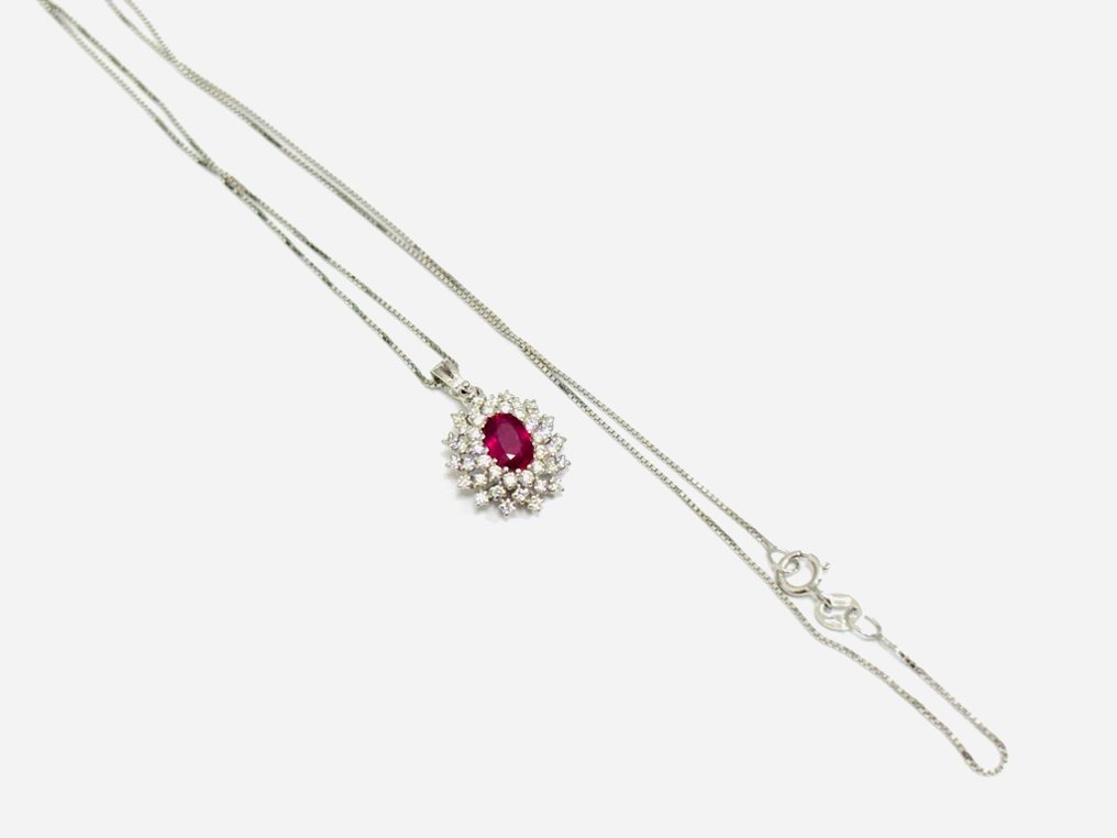 吊墜頸鏈 - 18 克拉 白金 -  2.35ct. tw. 鉆石 (天然)  - 紅寶石 - 意大利制造 #3.2