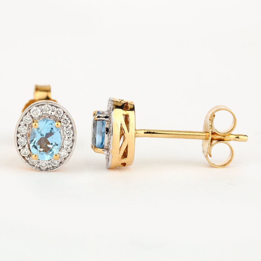Σκουλαρίκια - 14 καράτια Κίτρινο χρυσό -  0.40ct. tw. Ακουαμαρίνης - Διαμάντι #1.0