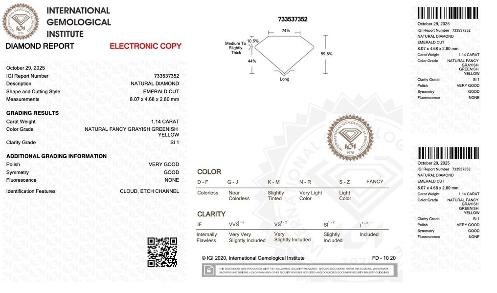 没有保留价 - 1 pcs 钻石  (天然色彩的)  - 1.14 ct - 祖母绿 - Fancy 稍帶綠色的, 稍帶灰色的 黄色 - SI1 微内含一级 - 国际宝石研究院（IGI） - VG #3.2