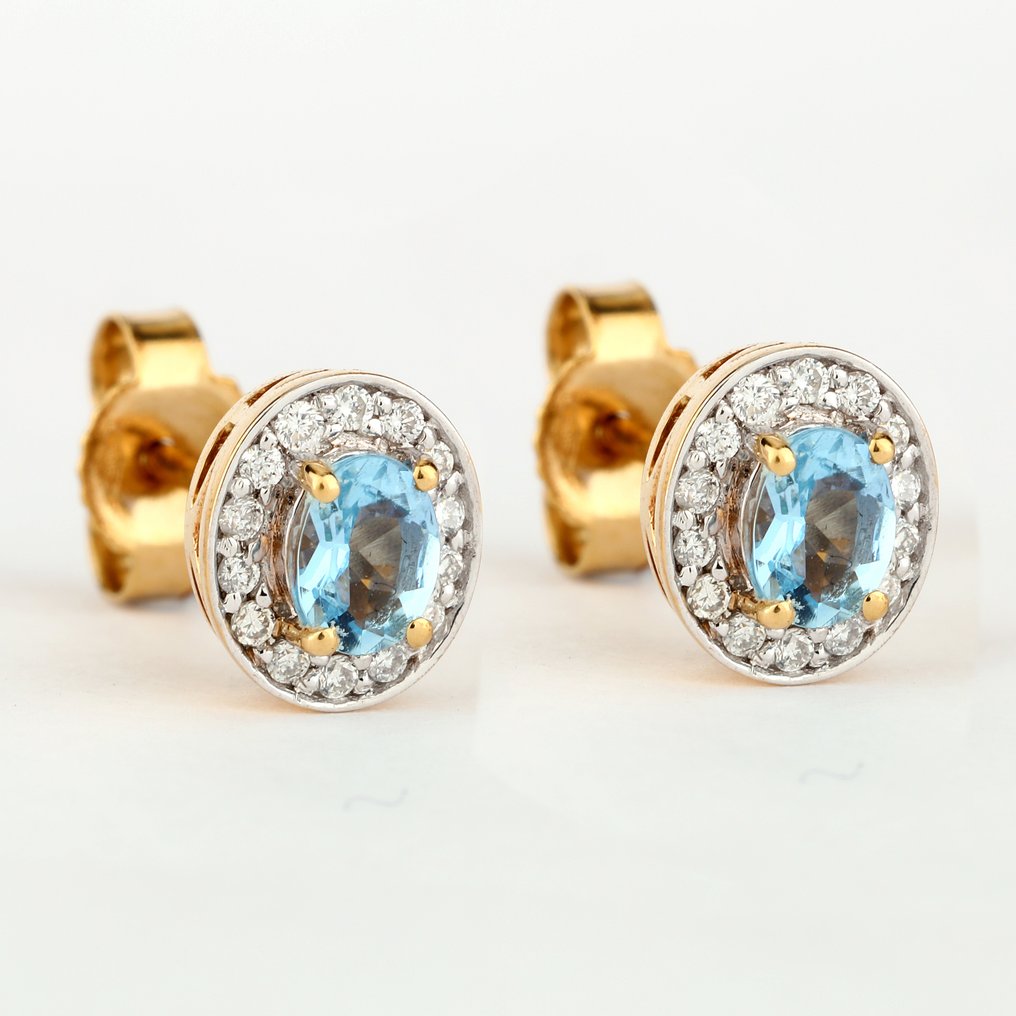 Σκουλαρίκια - 14 καράτια Κίτρινο χρυσό -  0.40ct. tw. Ακουαμαρίνης - Διαμάντι #1.0