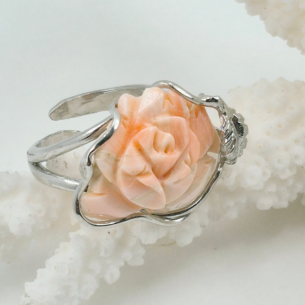 Corail - Argent - Bague - Corallo Rosa incisé #1.0