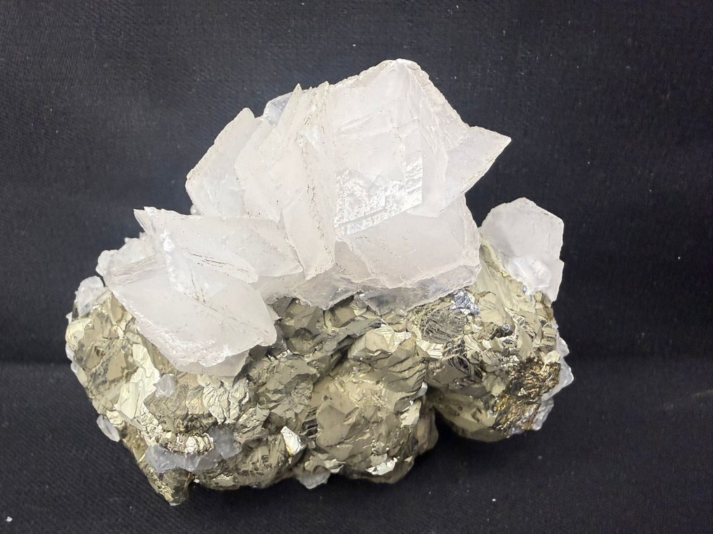 荧光方解石晶体在黄铁矿上 標本 - 高度: 11.5 cm - 闊度: 9 cm- 800 g #3.2