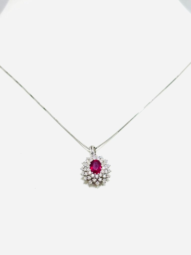 吊墜頸鏈 - 18 克拉 白金 -  2.35ct. tw. 鉆石 (天然)  - 紅寶石 - 意大利制造 #1.0