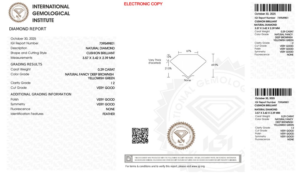 Fără preț de rezervă - 1 pcs Diamant (Natural) - 0.29 ct - Perniță - I2 - IGI (Institutul gemologic internațional) #4.3