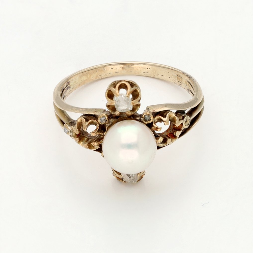 戒指 - 14K包金 黄金 珍珠 - 钻石 #1.0