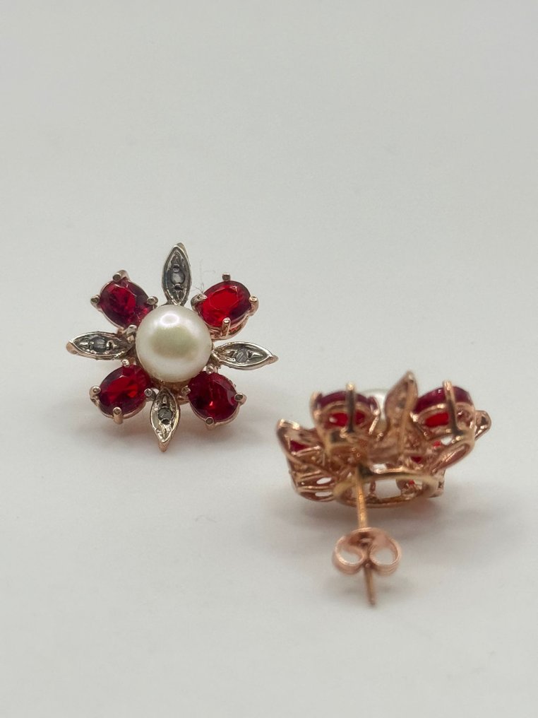 Senza prezzo di riserva - Orecchini - 9 kt Argento, Oro rosa Rubino - Perla #1.0