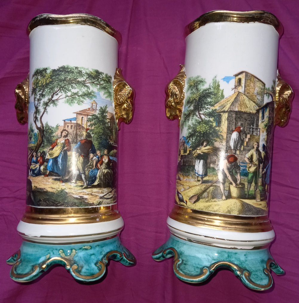 SSF - Superbe Paire de Vase Boho Chic aux " Scènes de vie " - Βάζο (2) - Πορσελάνη #1.0