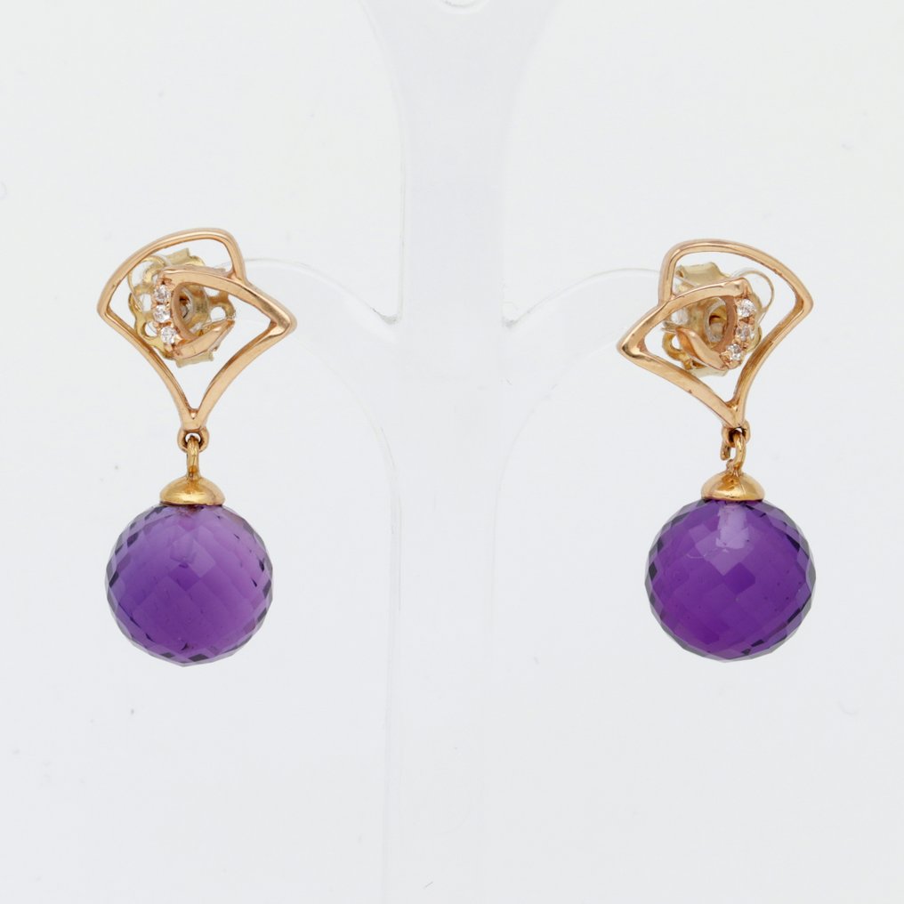 Drop fülbevaló - 18 kt. Sárga arany - Gyémánt - Ametiszt #1.0