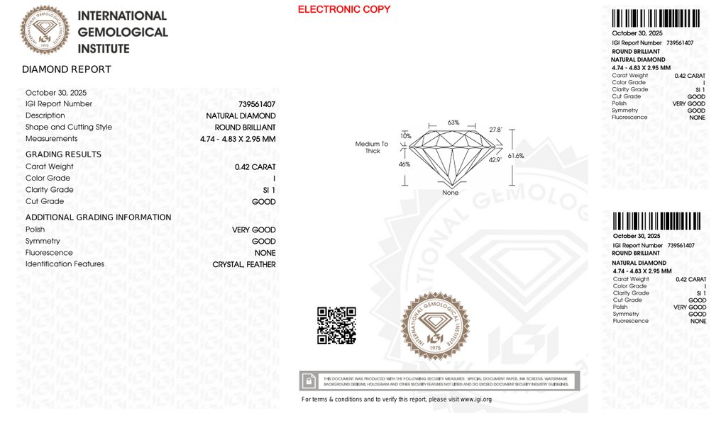 Fără preț de rezervă - 1 pcs Diamant (Natural) - 0.42 ct - Rotund - SI1 - IGI (Institutul gemologic internațional) #4.3