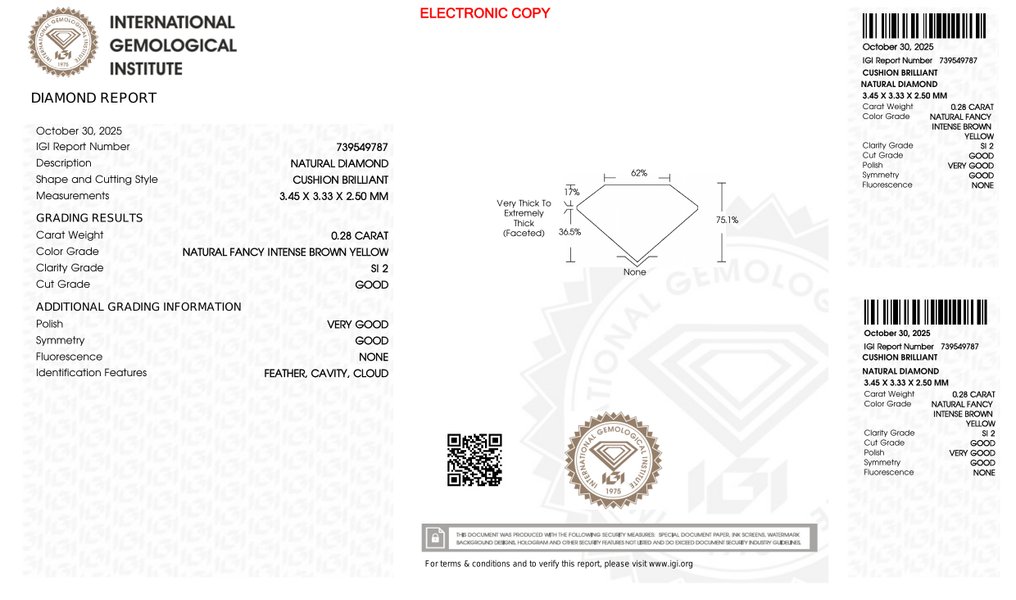 Fără preț de rezervă - 1 pcs Diamant (Natural) - 0.28 ct - Perniță - SI2 - IGI (Institutul gemologic internațional) #4.3