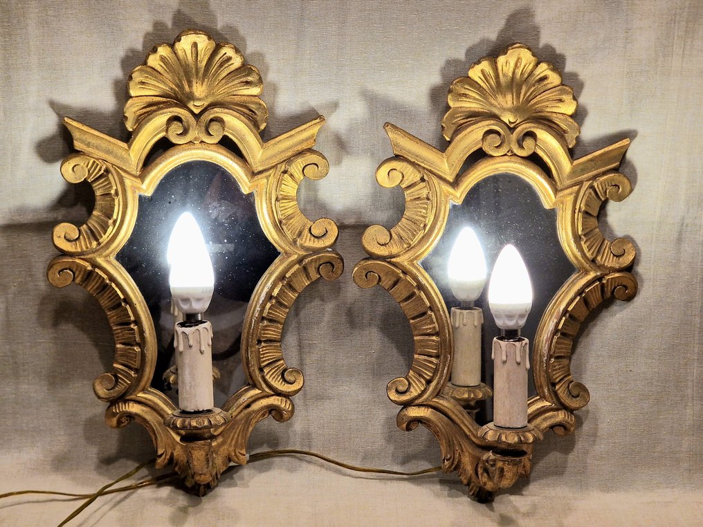 Coppia di Antichi Specchi con Portacandele / Applique - 壁突式照明 (2) - 木材与玻璃 - 镜子 / 壁灯 #1.0