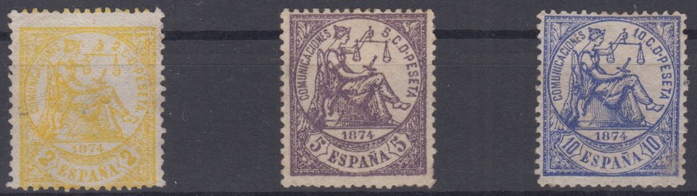 Spain 1874 - Allegory of Justice. Three values. - Edifil 143, 144 y 145 #1.0