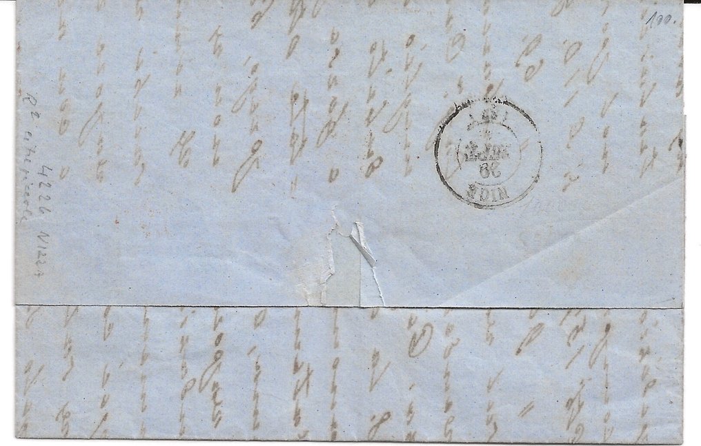 Olasz Királyság 1862/1862 - 40 centesimi rosso carminio V.Em. levélben Genovából Nizzába gőzhajóval. Igazolva aranyjal. - Sassone n.3 - Unificato n. 8 #2.1