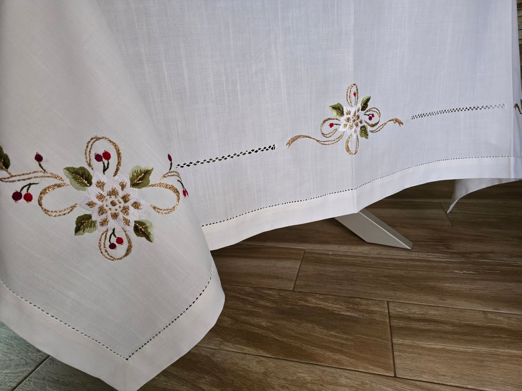 Elegante Tovaglia Natalizia ricamata a mano su misto lino 12 posti NO TOVAGLIOLI tablecloth - Tischtuch - 270 cm - 175 cm #4.3