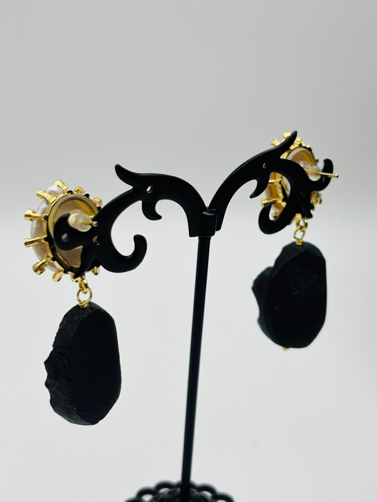 Συνθετικός Μαύρος Μετεωρίτης / Καλλιεργημένη Λευκή Κεσία Πέρλα - Σκουλαρίκια #1.0