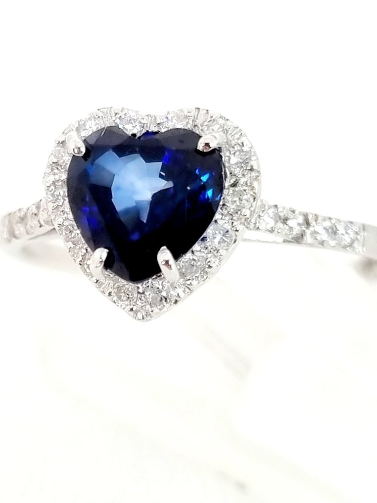 戒指 - 18 克拉 白金 藍寶石 - 鉆石 #1.0