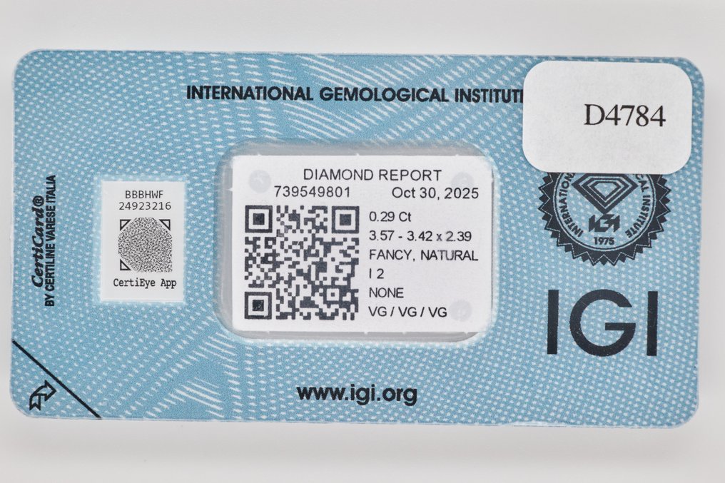 Fără preț de rezervă - 1 pcs Diamant (Natural) - 0.29 ct - Perniță - I2 - IGI (Institutul gemologic internațional) #3.2