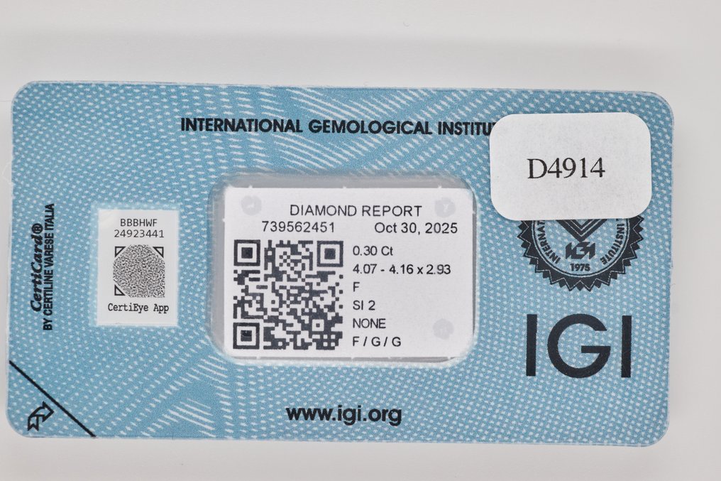 没有保留价 - 1 pcs 钻石  (天然)  - 0.30 ct - 圆形 - F - SI2 微内含二级 - 国际宝石研究院（IGI） #3.2