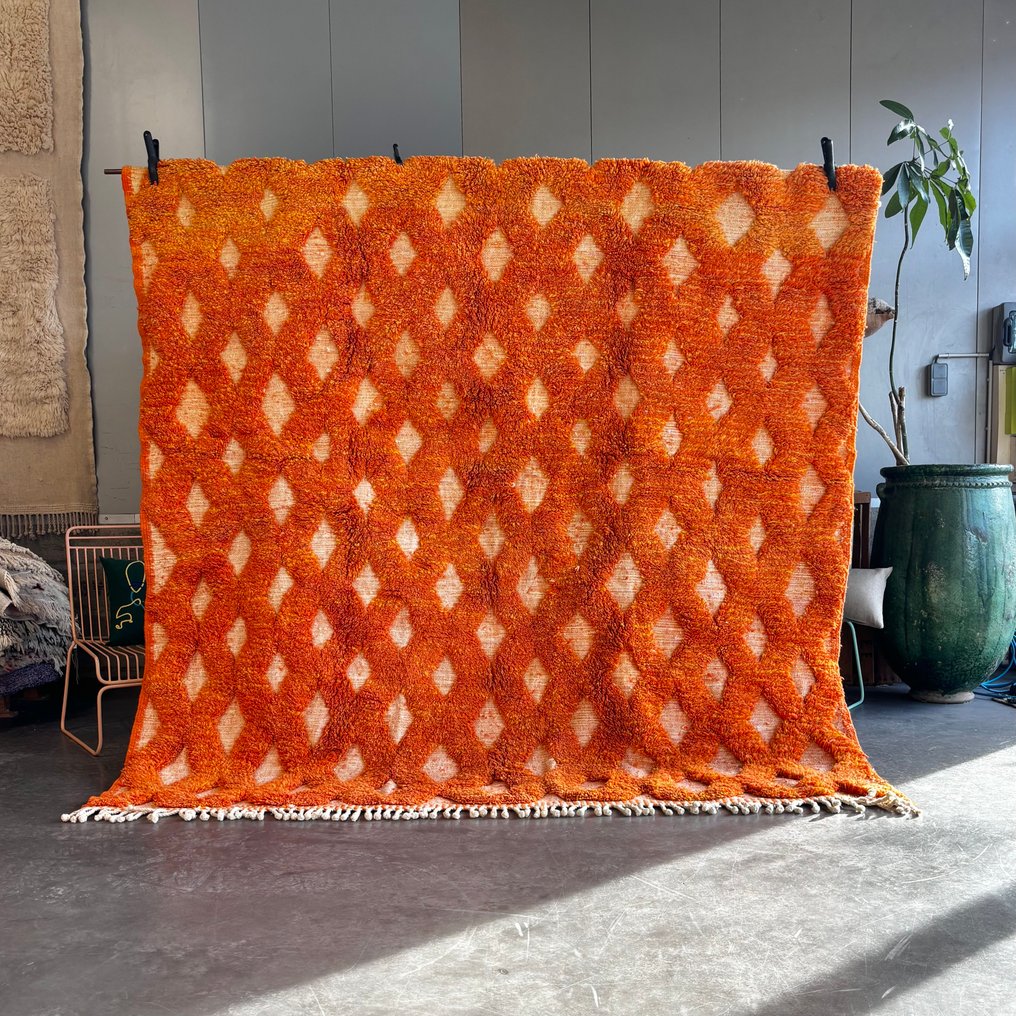 Oransje marokkansk ulltepp – håndlaget geometrisk teppe – moderne berberteppe - Teppe - 250 cm - 250 cm - Håndvevd ullteppe #1.0