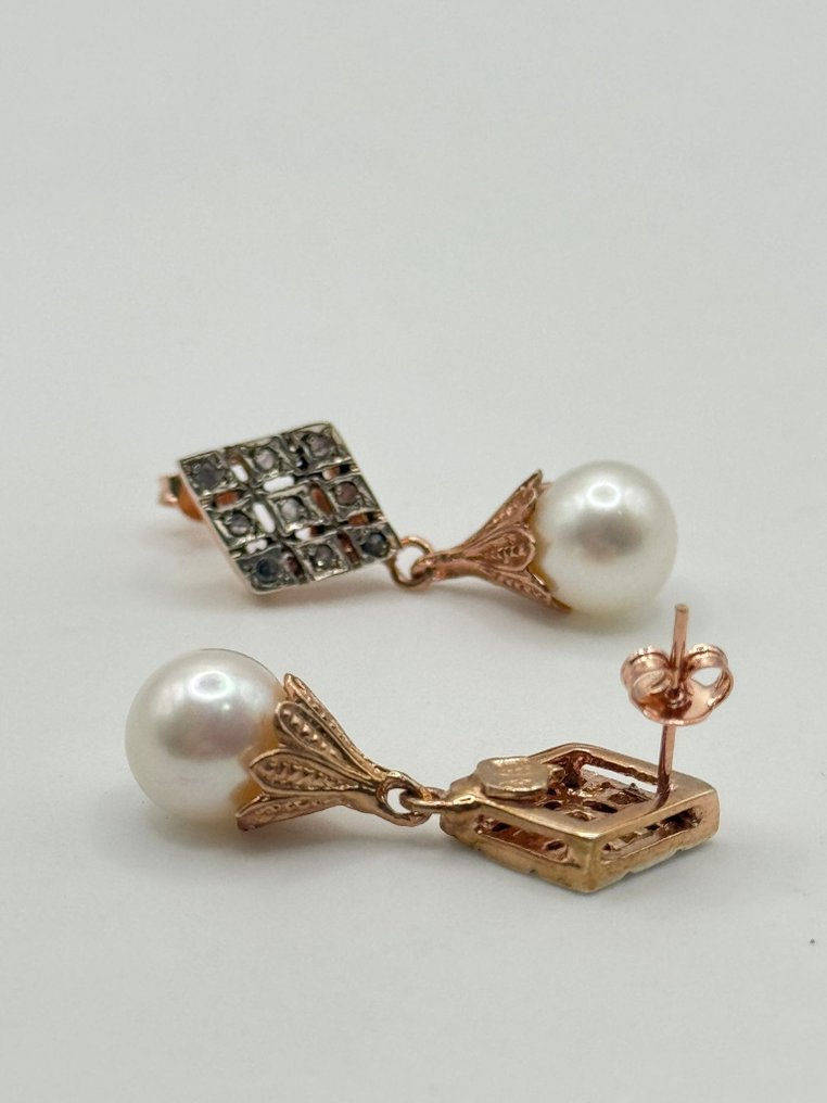 Fără preț de rezervă - Cercei - 9 kt. Argint, Aur roz Diamant (Natural)  - Perlă #1.0