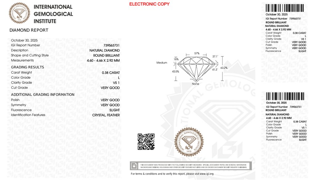 Zonder Minimumprijs - 1 pcs Diamant  (Natuurlijk)  - 0.38 ct - Rond - L - VS1 - International Gemological Institute (IGI) #4.3