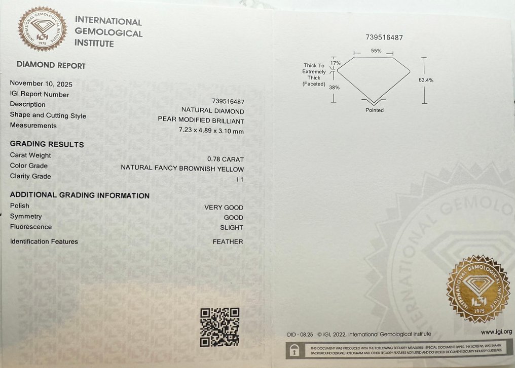 No reserve price - 1 pcs Diamond  (Natural coloured)  - 0.78 ct - Pear - Fancy Brownish Yellow - I1 - International Gemological Institute (IGI) #2.1