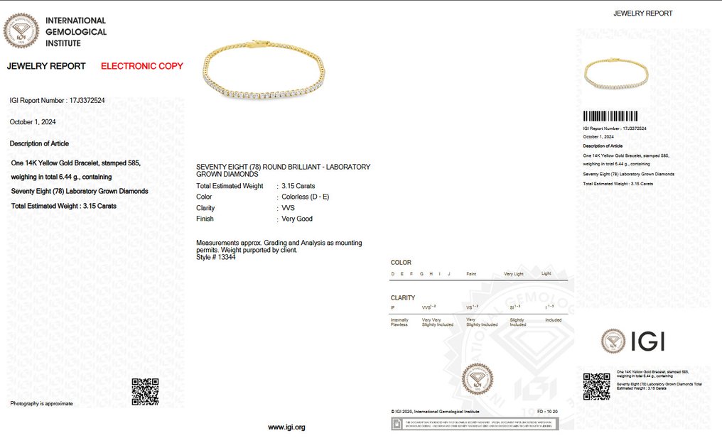 χωρίς τιμή ασφαλείας - Βραχιόλι τένις - 14 καράτια Κίτρινο χρυσό - 3.15ct. tw. Διαμάντι (Εργαστηριακής καλλιέργειας) - D-E VVS IGI Πιστοποιημένο #1.0