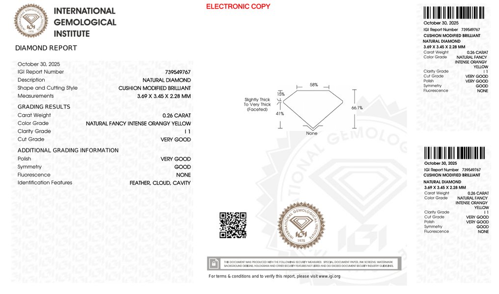 Fără preț de rezervă - 1 pcs Diamant (Natural) - 0.26 ct - Perniță - I1 - IGI (Institutul gemologic internațional) #4.3