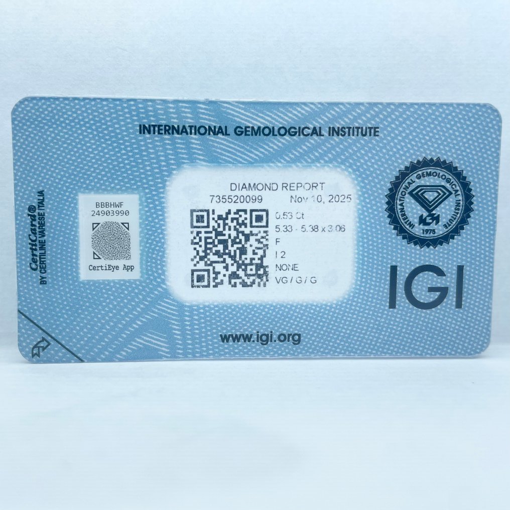 没有保留价 - 1 pcs 钻石 (天然) - 0.53 ct - 圆形 - F - I2 内含二级 - 国际宝石研究院(IGI) #4.3