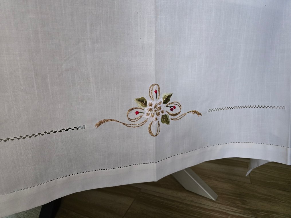 Elegante Tovaglia Natalizia ricamata a mano su misto lino 12 posti NO TOVAGLIOLI tablecloth - Tischtuch - 270 cm - 175 cm #3.2
