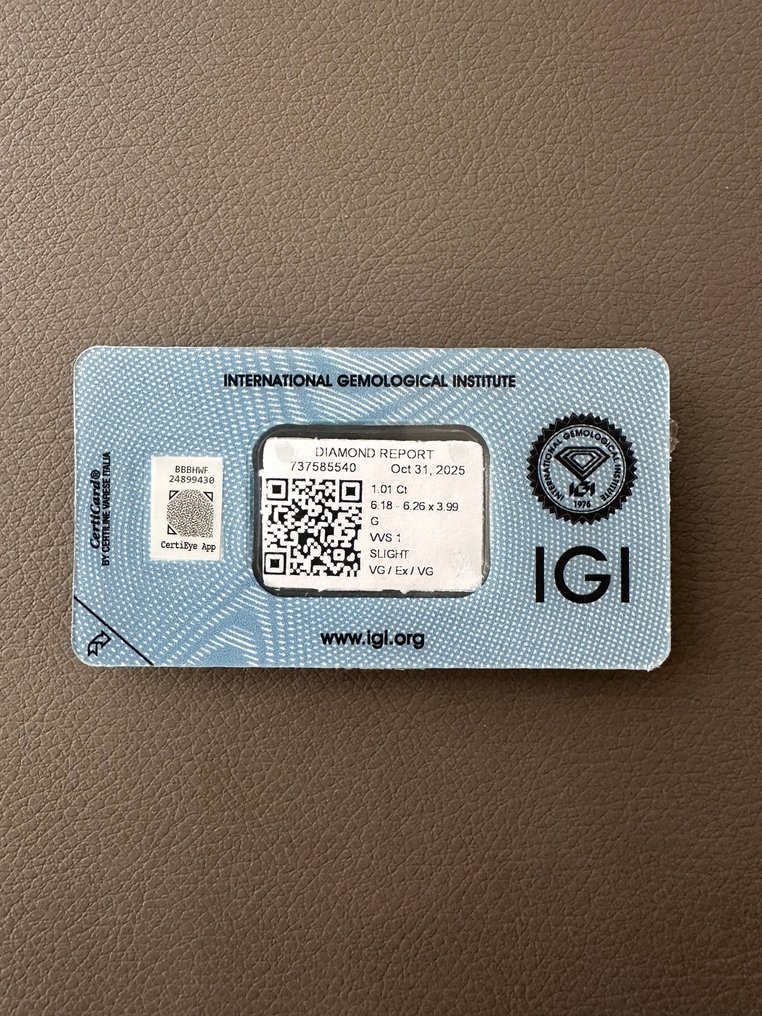 1 pcs 钻石  (天然)  - 1.01 ct - 圆形 - G - VVS1 极轻微内含一级 - 国际宝石研究院（IGI） - 免运费 #1.0