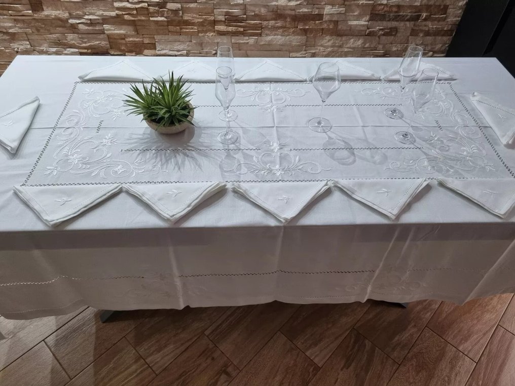 Tovaglia ricamata a mano in misto lino 12 posti tablecloth handmade - Tablecloth - 270 cm - 175 cm #4.3