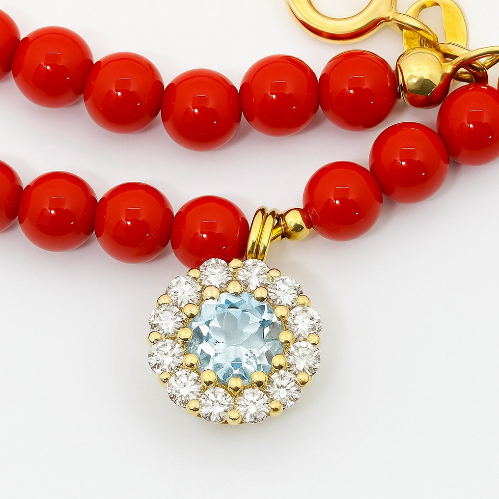 Sans prix de réserve - Collier avec pendentif - 18 carats Or jaune -  0.64ct. tw. Aigue-marine - Diamant #4.3