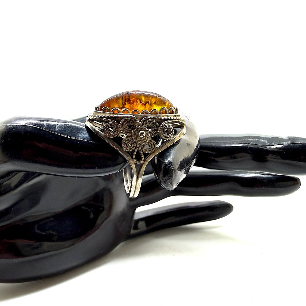 老式装饰艺术风格的戒指，配有天然波罗的海琥珀 - 琥珀 - Succinite #2.1
