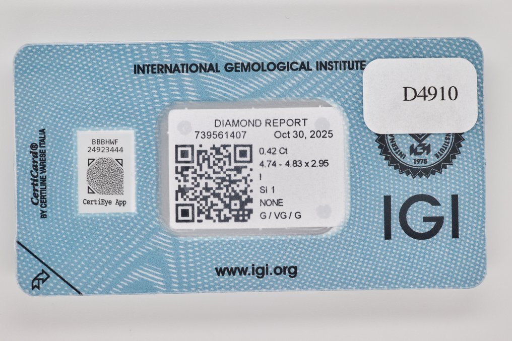 Fără preț de rezervă - 1 pcs Diamant (Natural) - 0.42 ct - Rotund - SI1 - IGI (Institutul gemologic internațional) #3.2