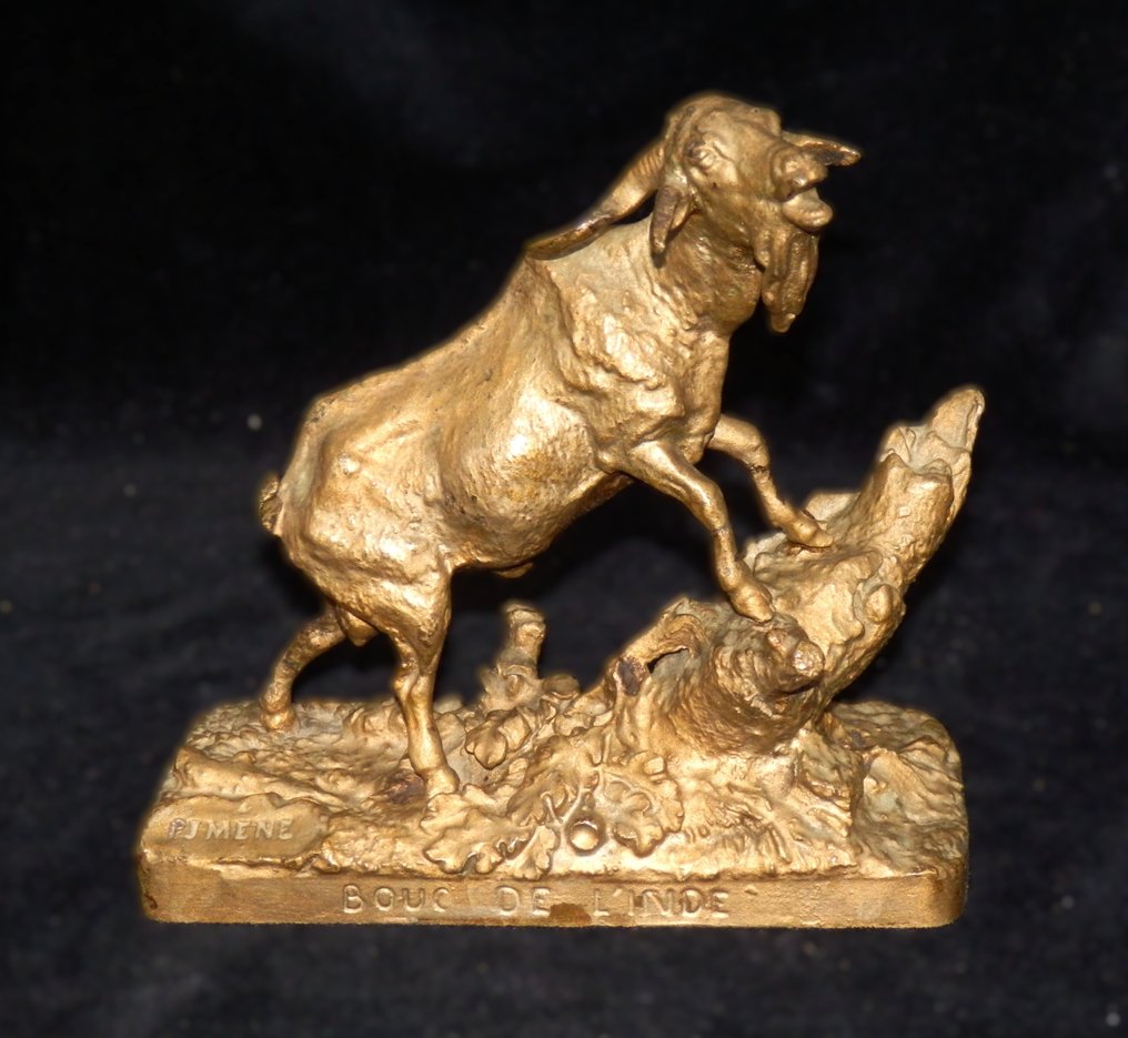 D'après Pierre-Jules Mêne (1810-1879) - 雕塑, Bouc de l'Inde - 13 cm - 镀金青铜 #1.0