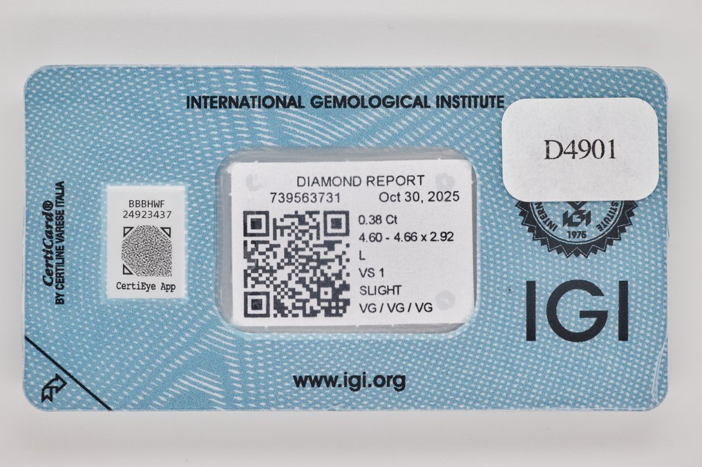 Zonder Minimumprijs - 1 pcs Diamant  (Natuurlijk)  - 0.38 ct - Rond - L - VS1 - International Gemological Institute (IGI) #3.2
