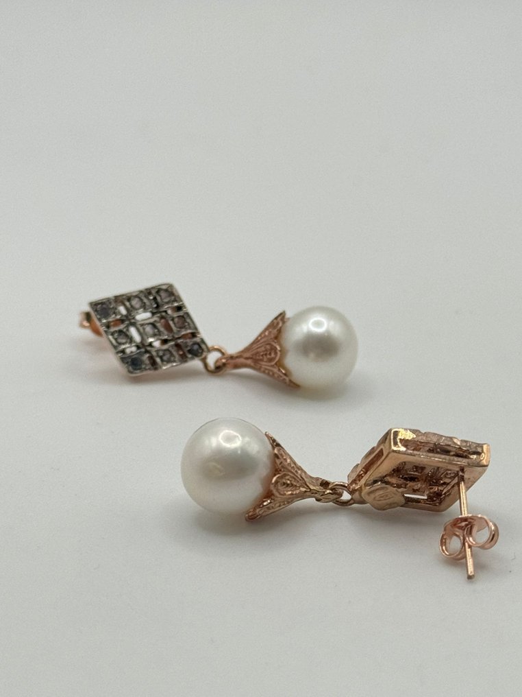 Fără preț de rezervă - Cercei - 9 kt. Argint, Aur roz Diamant (Natural)  - Perlă #2.1