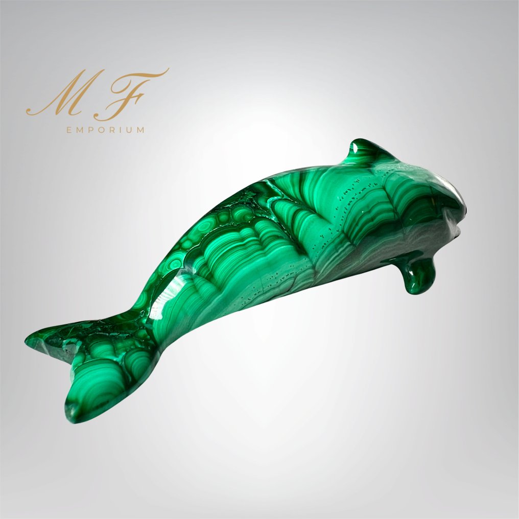 无保留 - 刚果天然孔雀石海豚雕塑,最高品质 海豚 - 高度: 35 mm - 闊度: 110 mm- 127 g - (1) #1.0